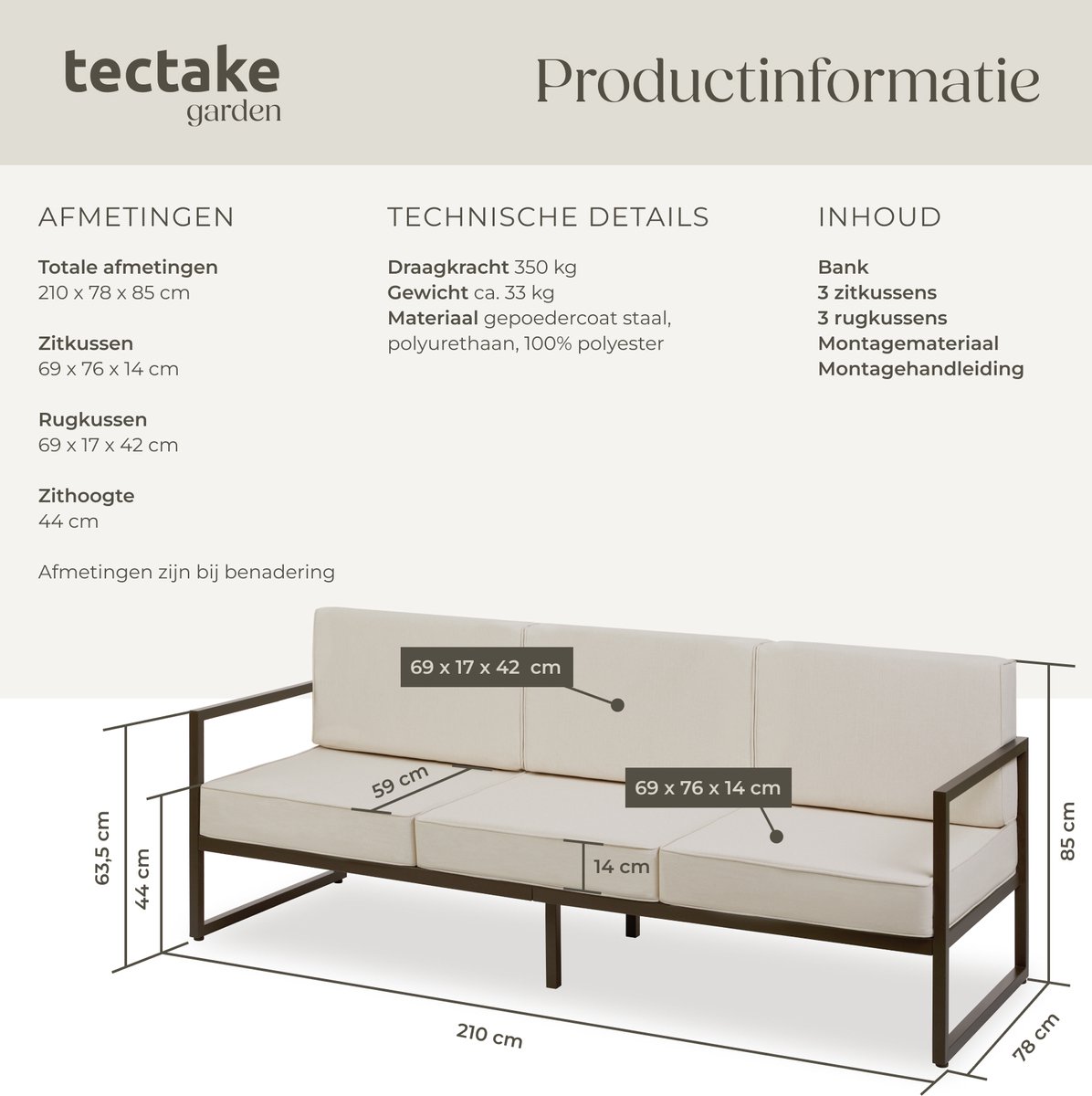 tectake® Comosa Loungebank - 3-zits Tuinbank - Comfortabele Lounge Bank met Dikke Kussens - Outdoor Sofa met Waterafstotende Hoezen - Stevig Stalen Frame - Balkon en Tuin Loungebank - Tuinmeubelen – foto 5