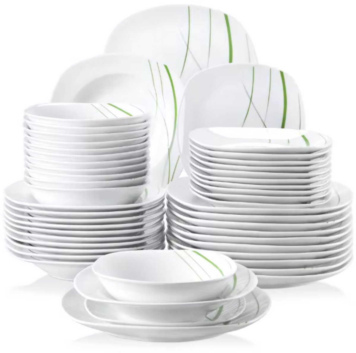 Lavish Bordenset – 12 persoons – 48 delig - Wit met groene streep Keramisch – Serviesset – Breakfast Plates