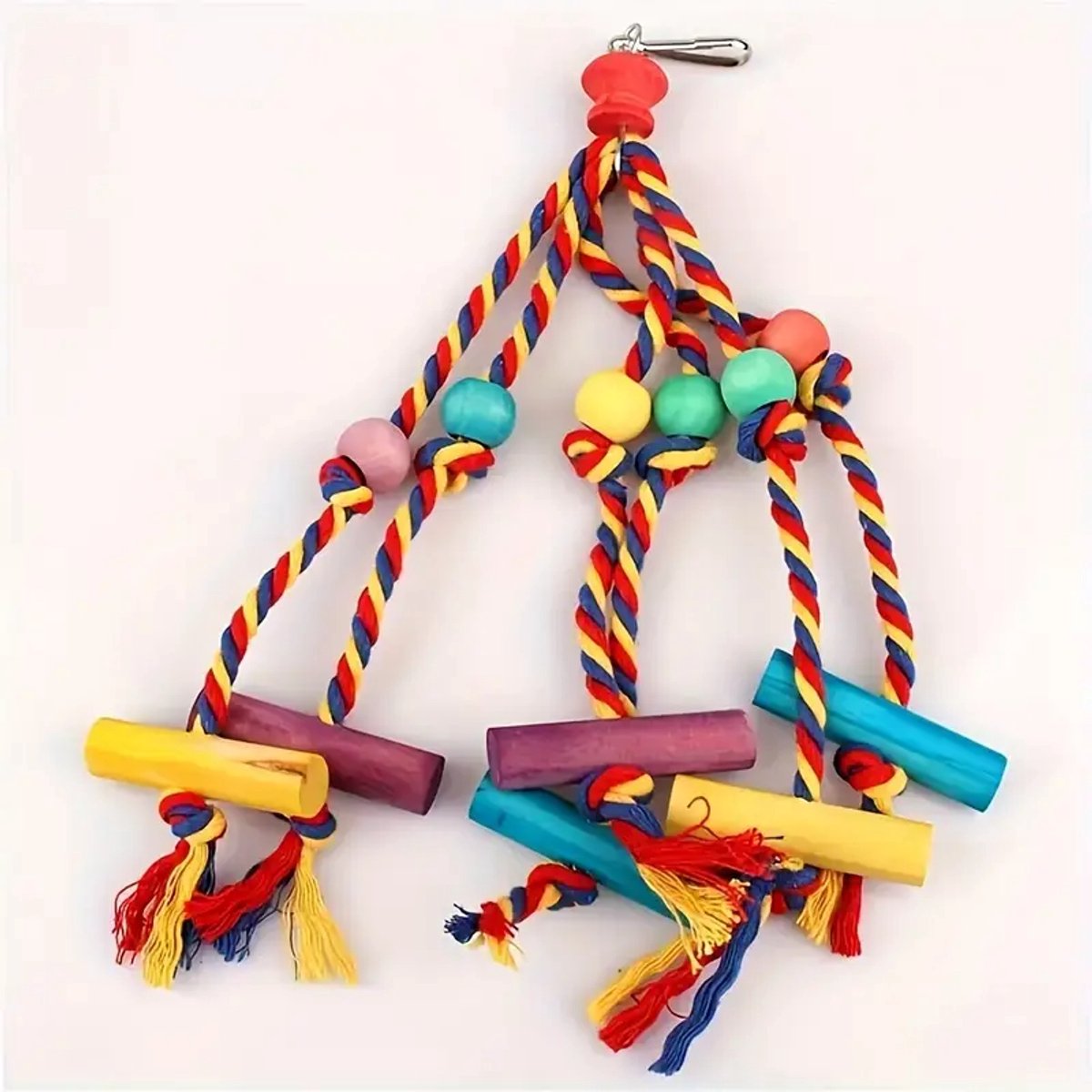 @ Lu’s Today® – Basic Pet Essentials – vogel speelgoed Touw met Gekleurde Kralen en Houten Blokken - Duurzaam Vogelspeeltje voor vermaak