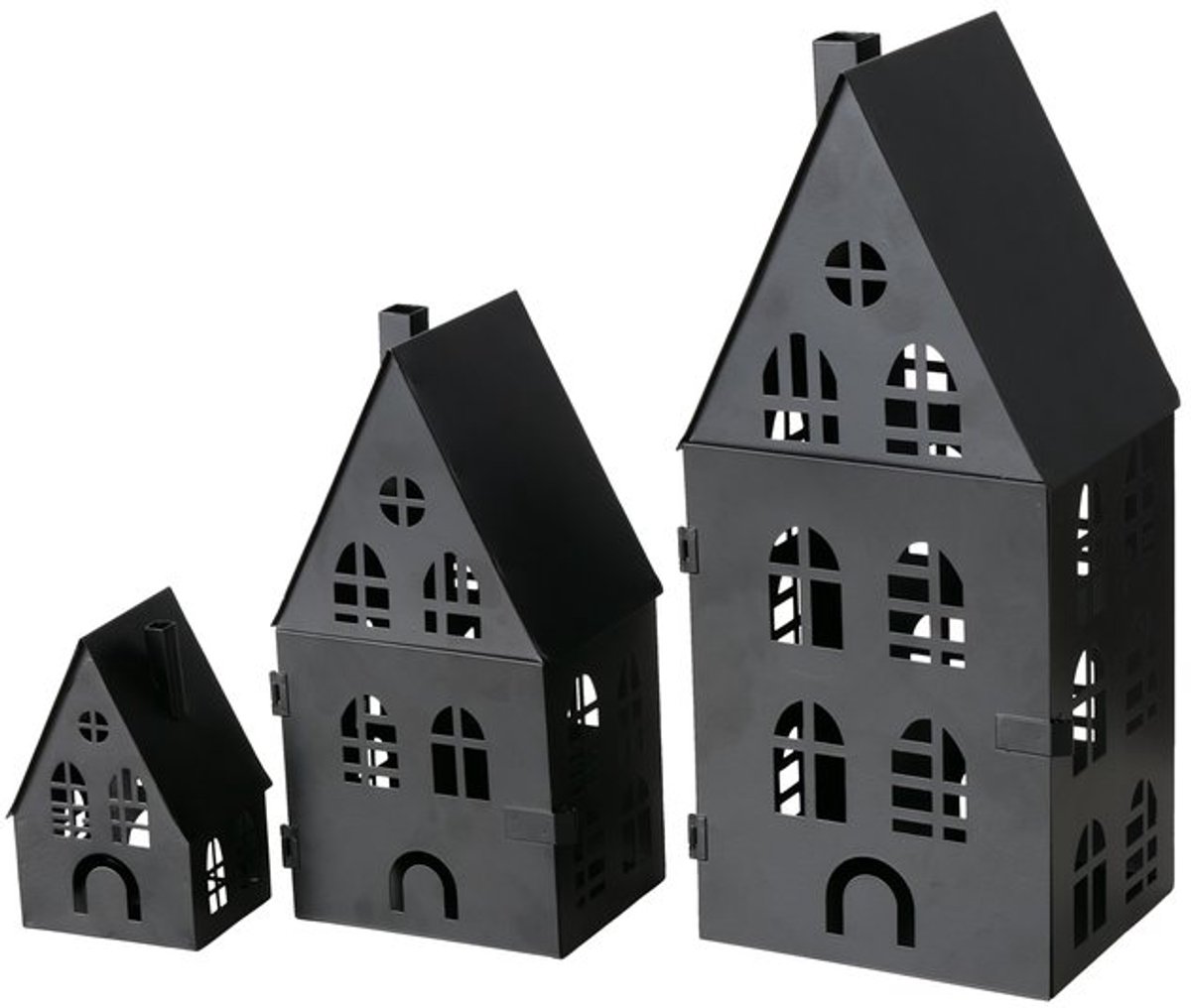 Boltze - Waxine Huisjes - Huisjes - Lantaarn huisjes - set van 3 - Metaal - Zwart - 37, 25 en 15cm hoog