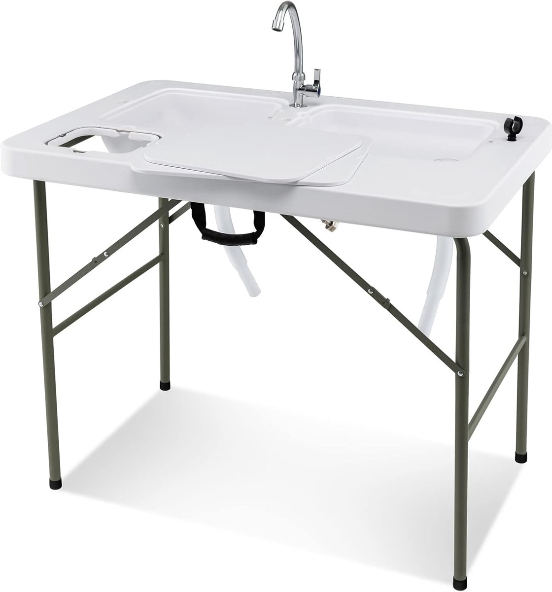 COSTWAY Visreinigingtafel, inklapbare filetietafel met 2 ingebouwde spoelbakken, 360° draaibare kraan en meetschaal, draagbare campingtafel voor kamperen, vissen, grillen