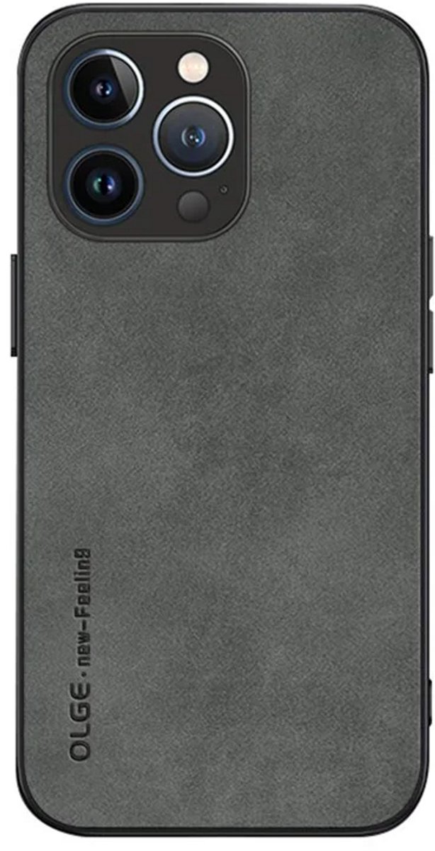 Cityhoesje - iPhone 15 Pro - Olge -Shockproof - Back Cover - PU Leather Coated - Backcase - Donker Grijs