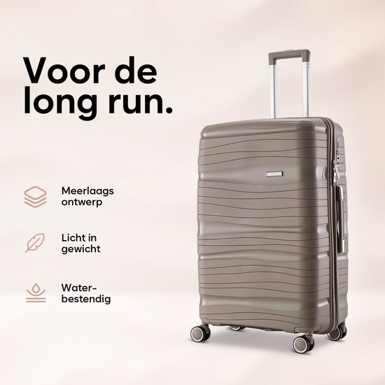 Champagne koffer met golvend lijnpatroon. Tekst 'Voor de long run.' en iconen voor meerlaags ontwerp, lichtgewicht en waterbestendig.