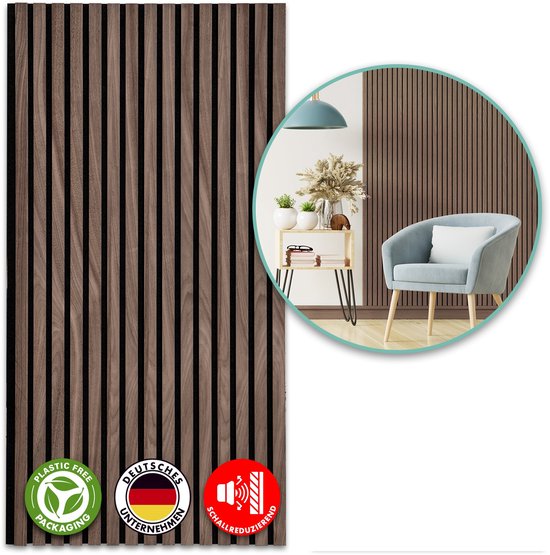 FLOORDIREKT Akoestisch Paneel - Wandpanelen Met Echt Houtfineer - Voor een Aangename Ruimteakoestiek - Lamellenwand - Wandpanelen als Geluidsisolatie - Black Walnut - 118 x 60 cm