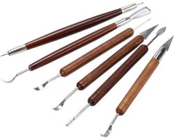 Knaak Boetseer Gereedschap Klei - Set van 6 Stuks - RVS met Houten Handvat - 20 cm - Beeldhouw Tools