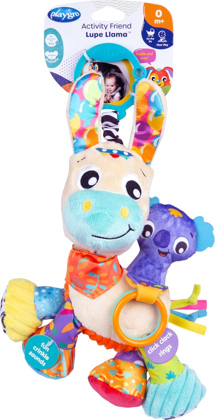 Playgro Activity Friend Lupe Llama - Peluche Sensoriale Per Neonati 0+ Mesi Con Koala E Anelli Click-Clack - Gioco Per Passeggino E Lettino