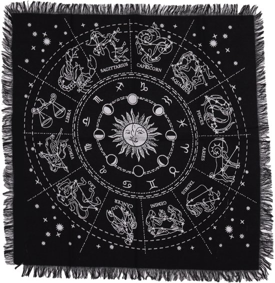 Nappe d'autel ésotérique à franges | Horoscope | Nappe d'autel Horoscope Éléments Magie Zwart | Tissu de tarot Tissu Oracle | Articles spirituels | Dimensions : 50x50cm