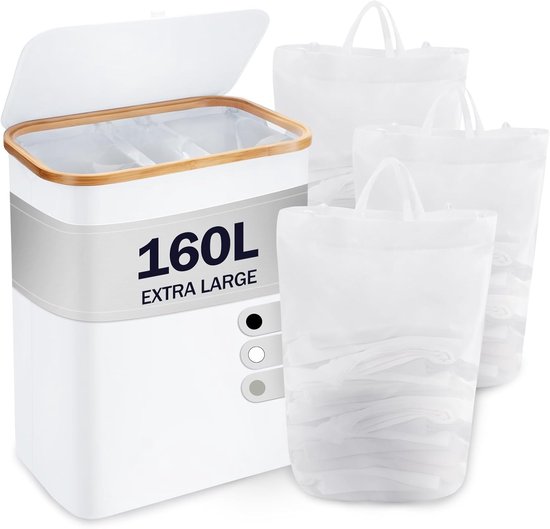 AdelDream Wasmand bamboe wasmand met 3 vakken, 160 liter, opvouwbare vuile wasmand, wasmand, 3 vakken, blauw