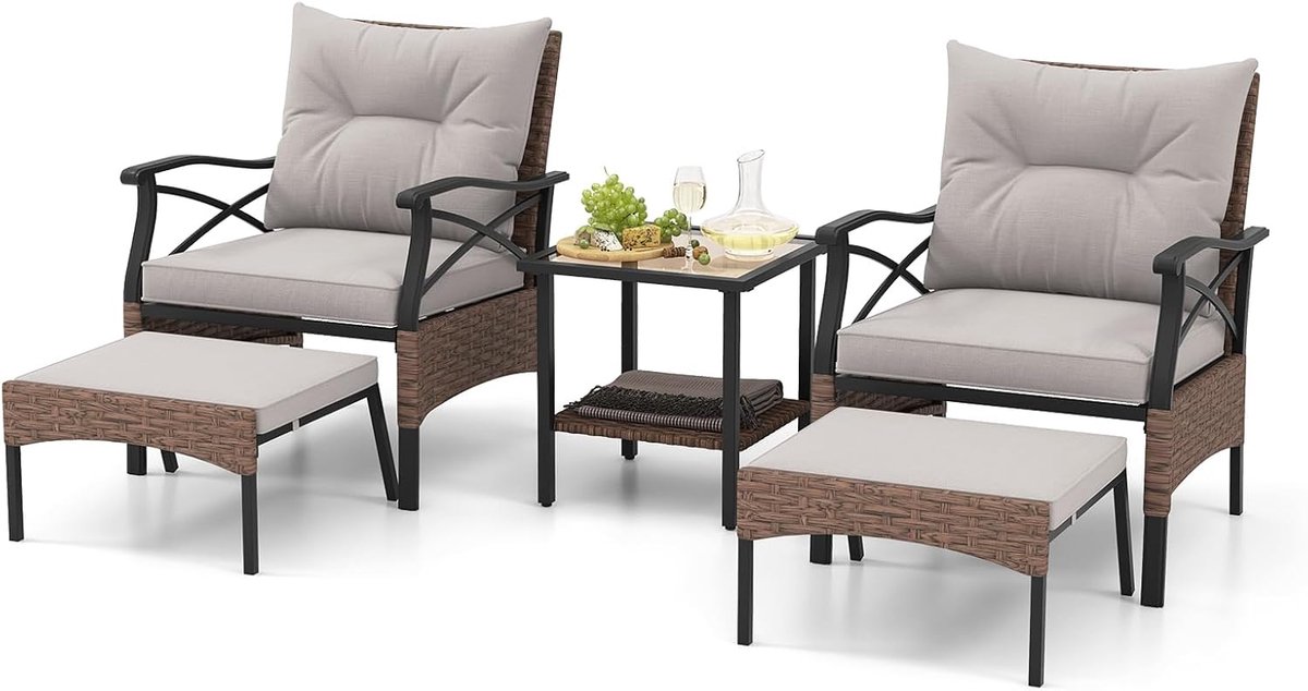 COSTWAY 5-delige rotan tuinmeubelset, 2-traps bijzettafel, 2 stoelen met kruk, terrasmeubels, balkonmeubels 2 personen, tuingarnituur incl. zitkussens en rugkussens