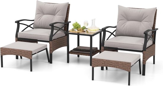 COSTWAY 5-delige rotan tuinmeubelset, 2-traps bijzettafel, 2 stoelen met kruk, terrasmeubels, balkonmeubels 2 personen, tuingarnituur incl. zitkussens en rugkussens