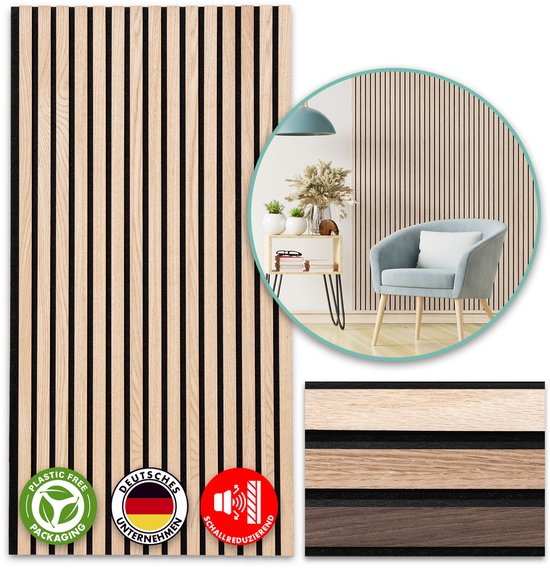 FLOORDIREKT Akoestisch Paneel - Wandpanelen Met Echt Houtfineer - Voor een Aangename Ruimteakoestiek - Lamellenwand - Wandpanelen als Geluidsisolatie - White Oak - 118 x 60 cm