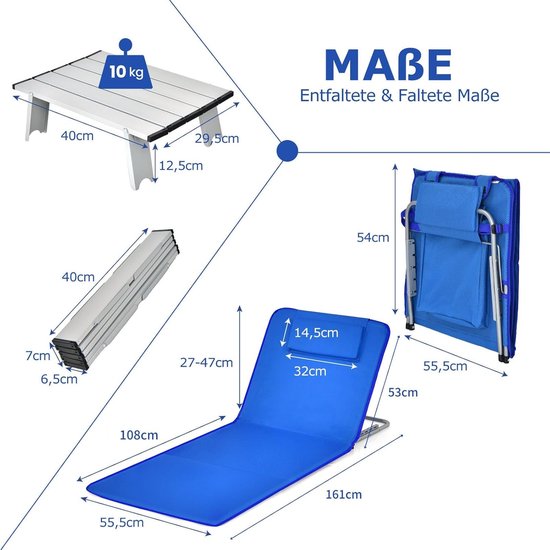 COSTWAY Set van 2 strandmatten met bijzettafel, hoofdkussen en opbergvak, ligmat met verstelbare rugleuning, opvouwbare zonmat, licht, draagbaar, strandstoel voor het strand (blauw) van Costway — afbeelding 3