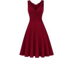 Damesjurken vintage cocktailjurk met V-hals, mouwloze knielange retro plooirok Bordeaux XXL