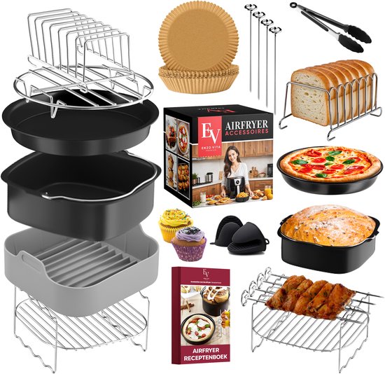 EnzoVita® Premium Airfryer Accessoires set - Meest Complete set - XL - Heteluchtfriteuse - Airfryer Accesoires set - Geschikt voor Airfryer XL en XXL - Vaatwasserbestendig - Inclusief Airfryer Siliconen Bakje & Nederlands Receptenboekje - Bakpapier