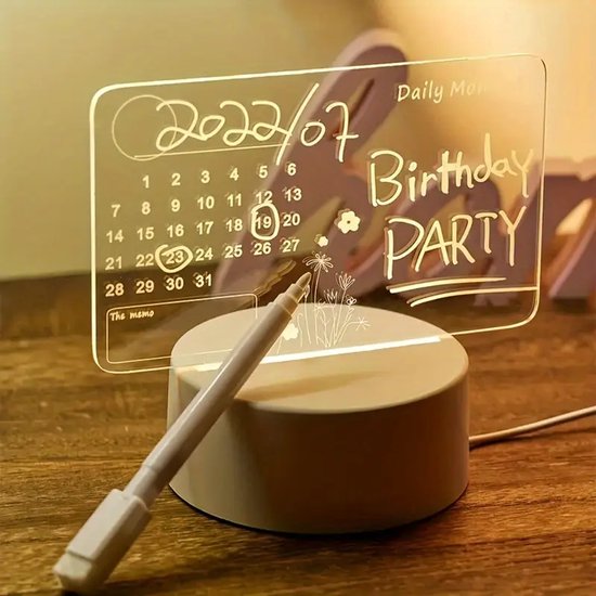 LED-Schijfbord - Agenda - Schrijfbare lamp - Nachtlamp - Acrylglas - Lichtgevend Notitiebord