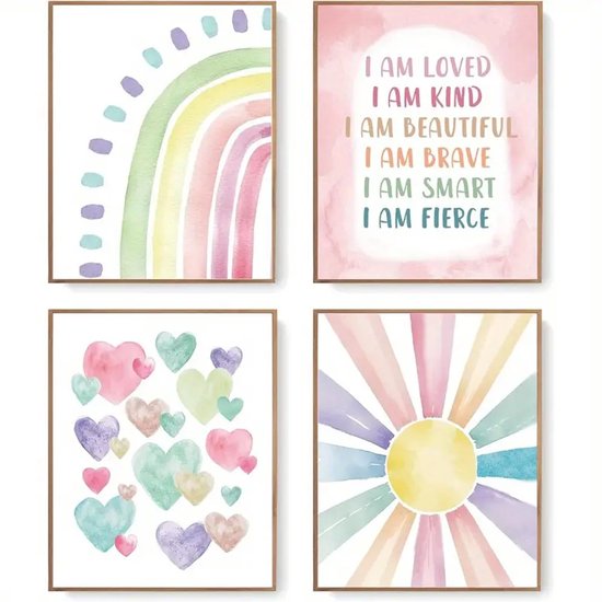 Décoration murale 25 x 20 cm - 4 pièces - Soleil - Hartjes - Arc-en-ciel - Boho - Poster - Fille - Chambre fille - Chambre de bébé - Art mural