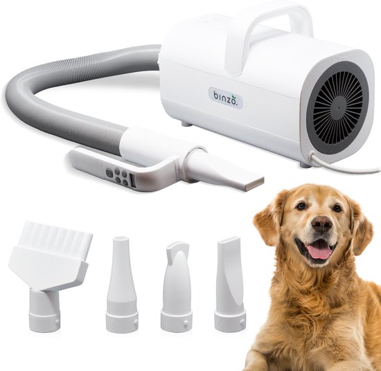 Binzo Hondenföhn 2800W – Professionele Waterblazer – Stil, Regelbaar & Krachtig – Met 4 Opzetstukken – Sneldrogend & Veilig – Wit