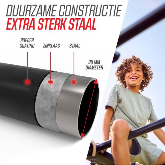 Detail van een zwart, dik frame van een speeltoestel met uitleg over de duurzame constructie.