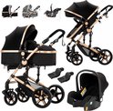 Zwarte kinderwagen met goudkleurige accenten, inclusief reiswieg, zitje, autostoeltje en adapters.