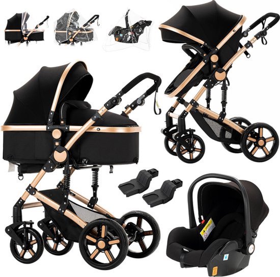 Zwarte kinderwagen met goudkleurige accenten, inclusief reiswieg, zitje, autostoeltje en adapters.