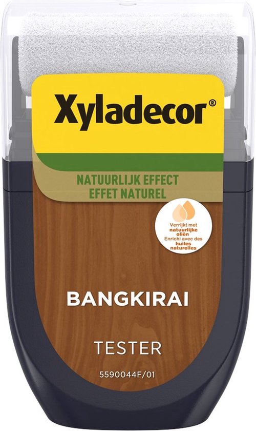 Xyladecor tester voor Bangkirai met natuurlijk effect. Donkerbruine verpakking met gele en groene accenten.