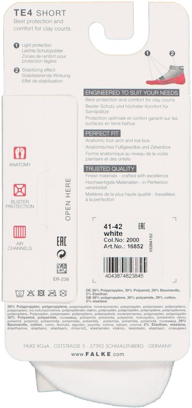Verpakking Falke TE4 Short sokken met materiaal- en wasinstructies.