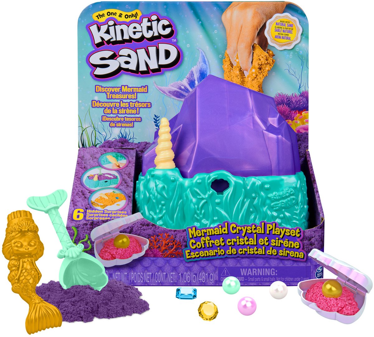 Kinetic Sand - Kristal Zeemeermin-speelset met 481 g goudkleurig glinsterend orig ineel kinetisch zandmet opbergbak en gereedschap - Sensoriche speelgoed — afbeelding 19