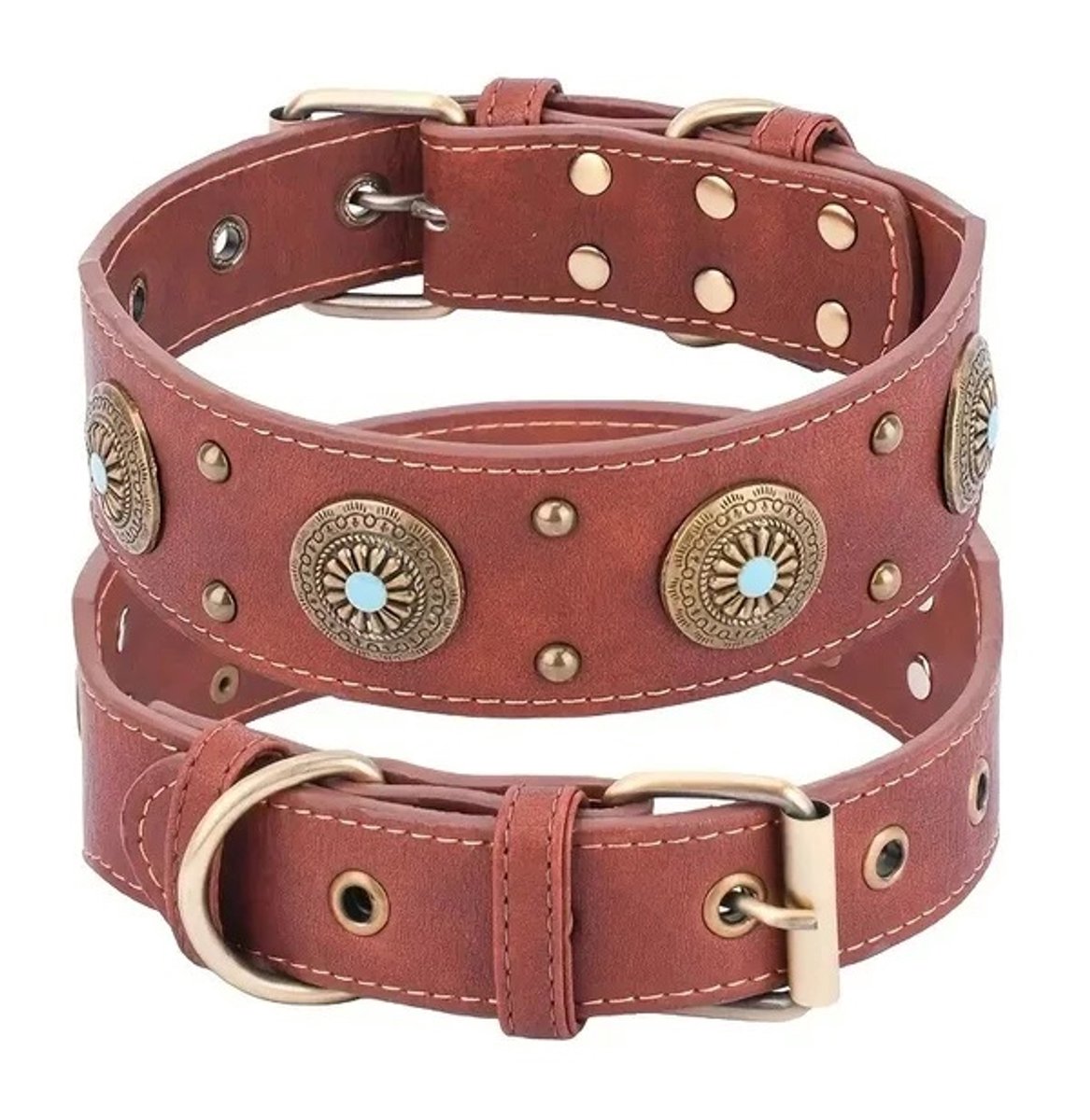 Bruine Leren Hondenhalsband met Studs en Decoratie - Bruin Maat L - Handgemaakt Luxe Leren Halsband voor Grote Honden - Petshop Seven®