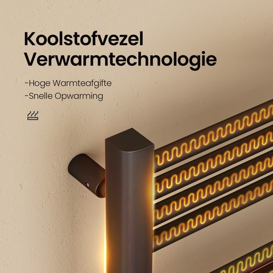 Abstracte weergave van gloeiende koolstofvezel verwarmingselementen in een handdoekradiator.