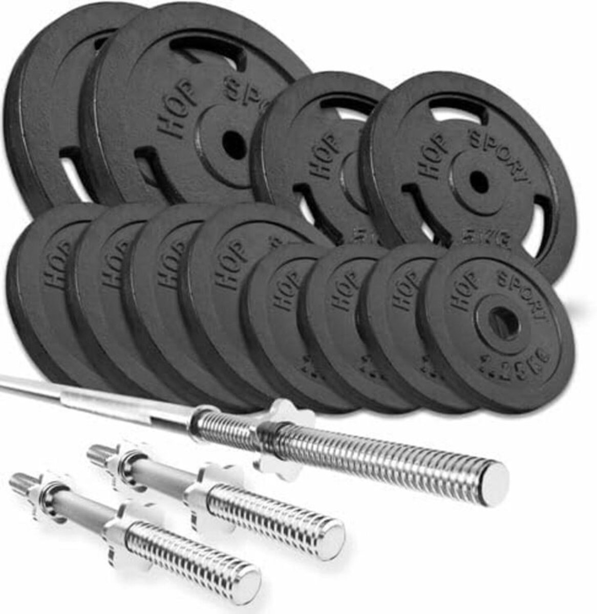 Hop-Sport Halterset 59 kg – Gietijzeren Gewichten met Lange en Korte Halterstangen – Complete Set voor Krachttraining Thuis