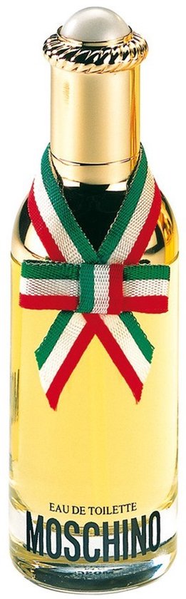 Transparante parfumfles met goudkleurige dop en rode, witte en groene strik, met "Moschino" logo.