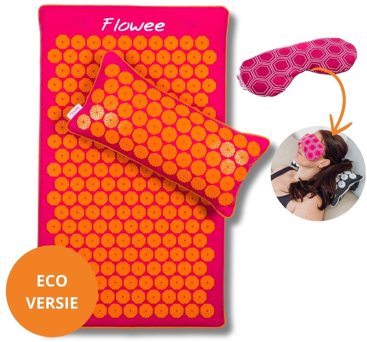 Goedkoopste Flowee Relaxset - Spijkermat ECO, spijkerkussen & Oogkussen - Fuchsia met oranje - Vulling Kokosvezels & Boekweitkaf & Lavendel (77x45 22x44cm) - Acupressuur Mat - Spijkerbed - Acupunctuur - Shakti Massage