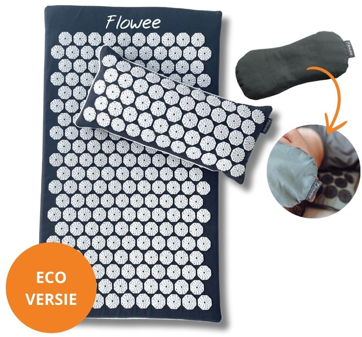 Goedkoopste Flowee Relaxset - Spijkermat ECO, spijkerkussen & Oogkussen - Grijs met wit - Vulling Kokosvezels & Boekweitkaf & Lavendel (77x45 22x44cm) - Acupressuur Mat - Spijkerbed - Acupunctuur - Shakti Massage