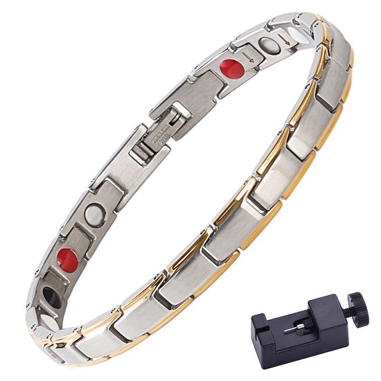 Zilverkleurige en gouden schakelarmband met rode, witte en zwarte magneten. Inclusief een tool om de lengte aan te passen.