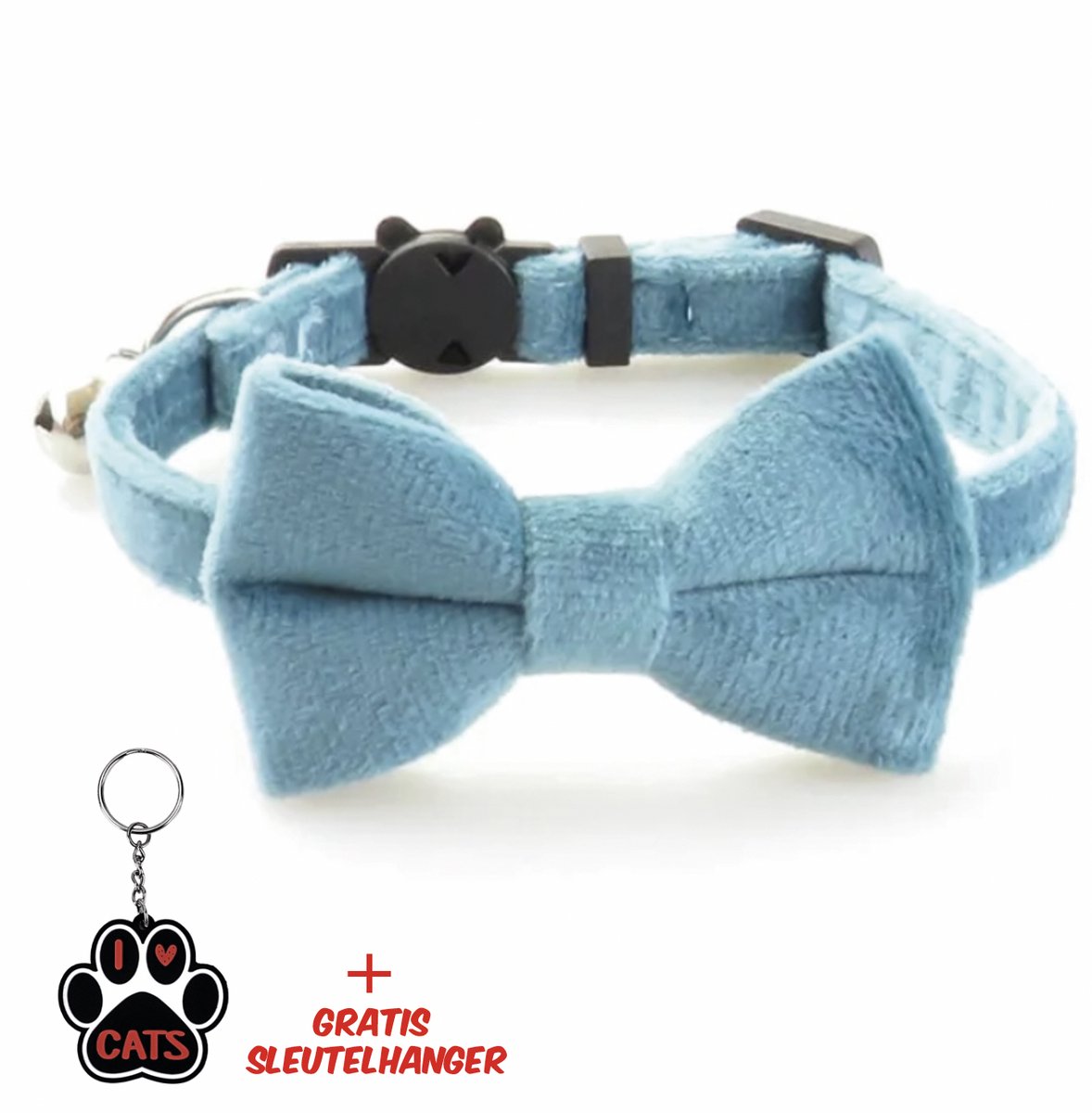 SilverAndCoco® - Katten Velvet Halsband met Strik en Bel | met Gratis Sleutelhanger | Kat Kitten Versiering | Blauwe Suède Vlinderstrik Strikje Belletje | Kattenhalsband Kleding Decoratie | Rode Feest Set Huisdier Cadeau Cadeautje - Licht Blauw