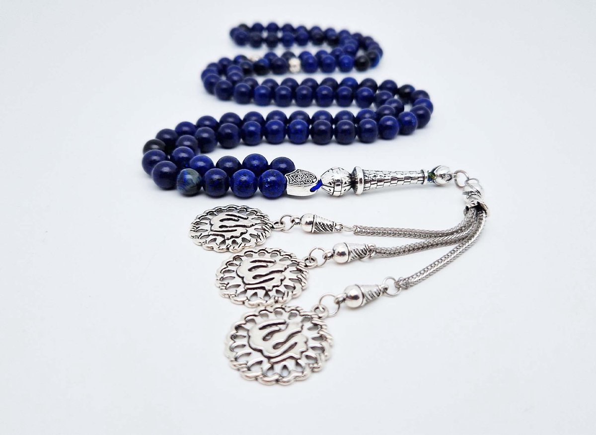 Handgemaakte tesbih "Tasbih" natuursteen " Azuur" - Aantal kralen 99 - Diameter kralen 8MM - met metaal tassel "Allah Muzakhrafa" - Een mooi cadeau-idee