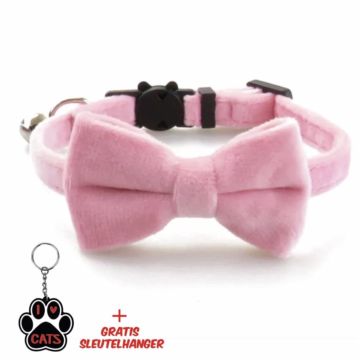 SilverAndCoco® - Katten Velvet Halsband met Strik en Bel | met Gratis Sleutelhanger | Kat Kitten Versiering | Suède Vlinderstrik Strikje Belletje | Kattenhalsband Kleding Decoratie Pakket | Roze Kerstman Feest Set Huisdier Cadeau Cadeautje - Roze