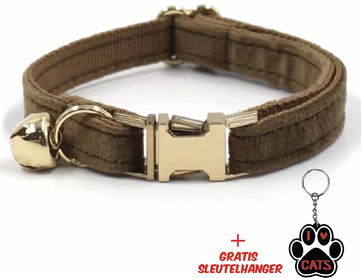 SilverAndCoco® - Bruine Katten Halsband met Bel met Gratis Sleutelhanger | Velvet Kat Kitten Bandje met belletje | Kattenhalsband Suède Gouden | Kleding Decoratie | Kattenbandje Huisdier - Bruin / Goud