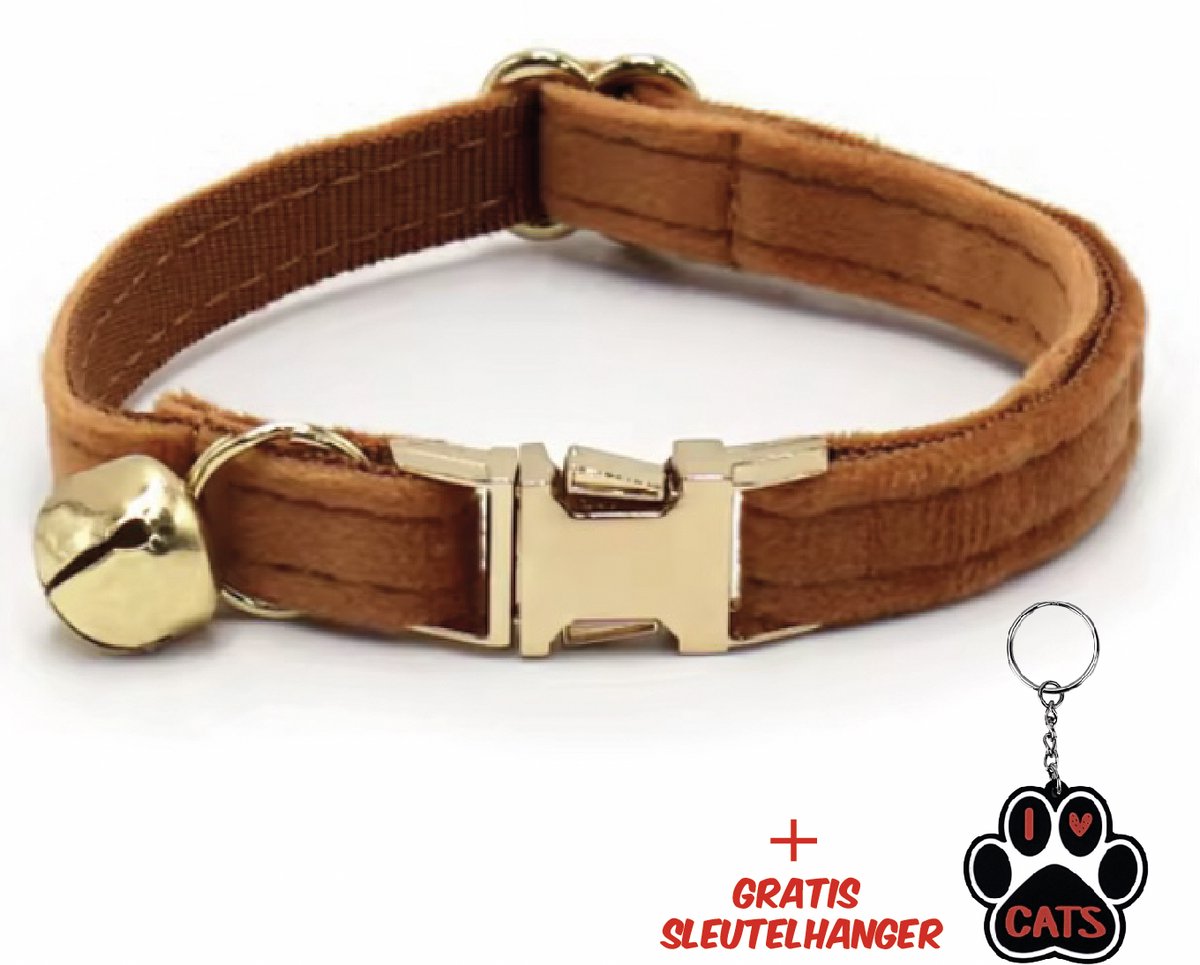 SilverAndCoco® - Bruine Katten Halsband met Bel met Gratis Sleutelhanger | Velvet Kat Kitten Bandje met belletje | Kattenhalsband Suède Gouden | Kleding Decoratie | Kattenbandje Huisdier - Bruin / Goud