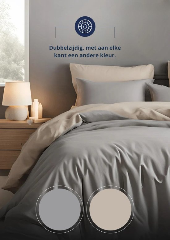 Dekbedovertrek - Dubbelzijdig - Beige/Grijs - Verrijkt met Katoen - 200x220 cm - Tweepersoons - Zacht & Ademend - Omkeerbaar Design - Inclusief 1 stuk Hoeslaken & 2 stuks Kussenslopen - Onderhoudsvriendelijk & Duurzaam - De Linde Home van De Linde Home — afbeelding 2