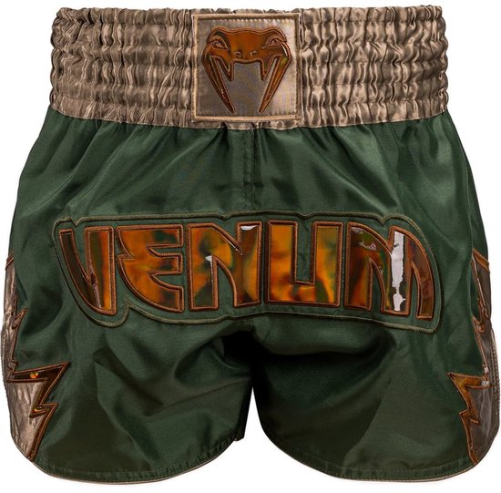 Khaki broek van Venum met bronzen glans, bronzen elastische tailleband en 'Venum' logo in brons op de voorkant.
