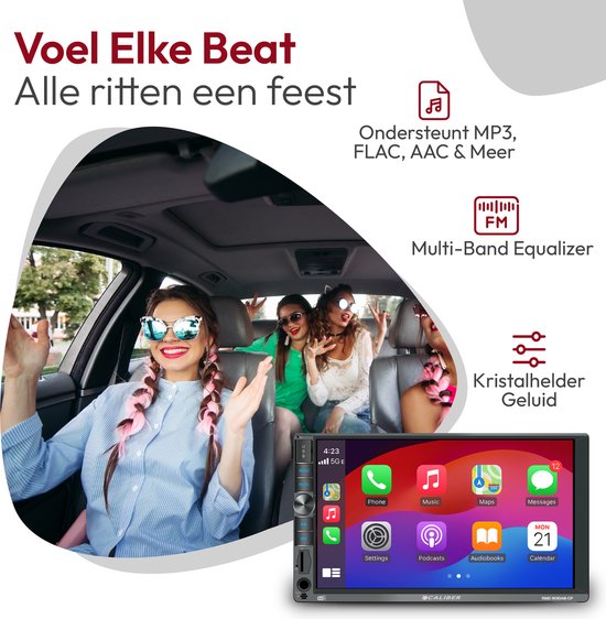 Autoradio met 7-inch touchscreen en Apple CarPlay, met vier vrouwen die in de auto lachen.