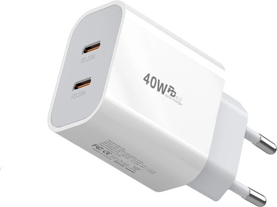 USB C Snellader 40W - Geschikt voor Apple iPhone 16/15 - Oplader - Geschikt voor Samsung Galaxy S24/S23/S22/S21 - Fast Charger - Snellader - USB C Adapter - USB Stekker - Wit