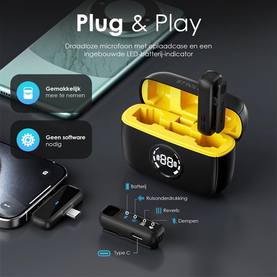 Strolox® Draadloze Microfoon - 2 Stuks - Oplaadcase - Lavalier - Windshields - Dasspeld - Lange Batterij - USB-C/Lightning - Plug & Play — afbeelding 5
