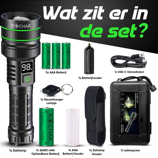 Kochar Zaklamp LED oplaadbaar - Militaire zaklamp - 5000 Lumen - 26650 Oplaadbare batterij - 6 standen - Powerbank functie - IP67 Waterdicht - Zaklamp op batterijen - Zaklamp noodpakket