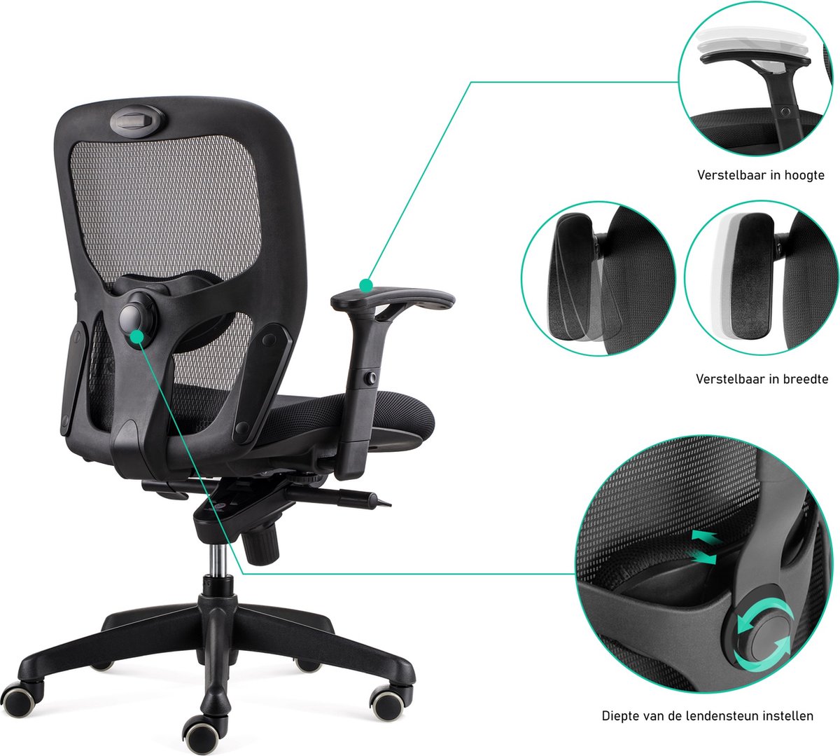 BENS 803-Bsc-3 Zwart - Ergonomische Bureaustoel Zwart - 3D - afbeelding 3