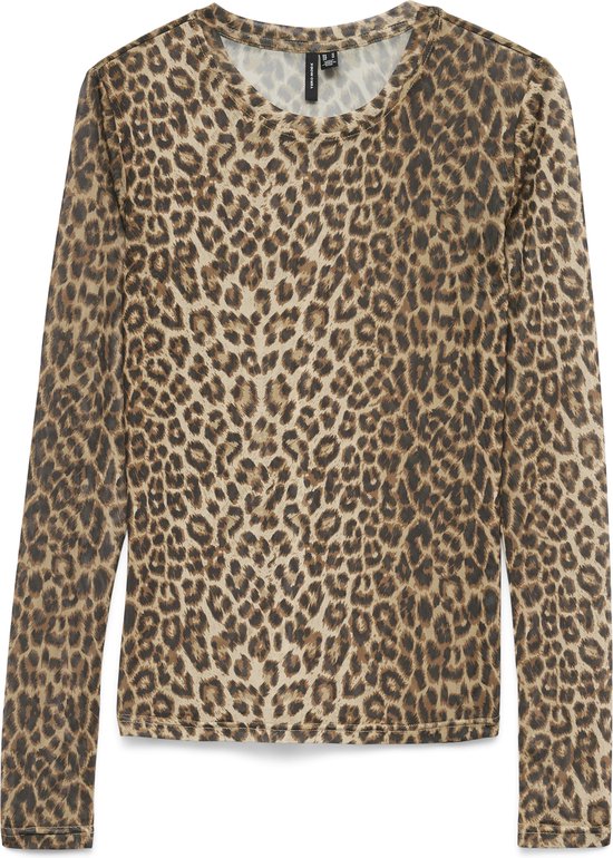 Bruine mesh top met lange mouwen en luipaardprint, tentoongesteld op een witte achtergrond.