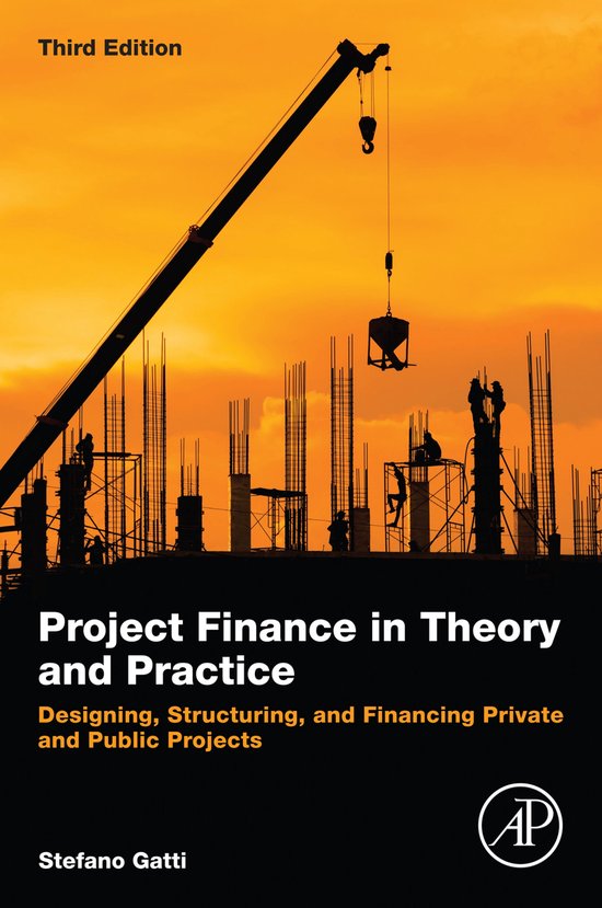 Boekcover: 'Project Finance in Theory and Practice' met kraan en bouwers op oranje achtergrond.