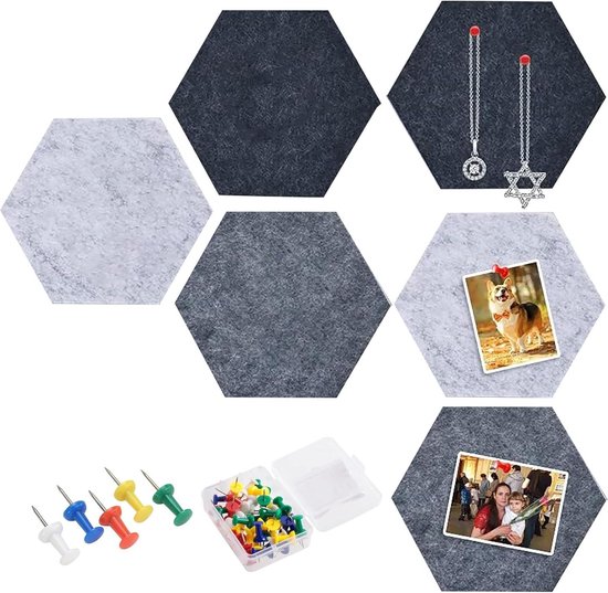UTMACH Viltbord, 8 stuks, zeshoekig kurkbord, groot, 30 x 26 cm, zwart, grijs, prikbord, kurk met punaises, voor keuken, kantoor, klasse