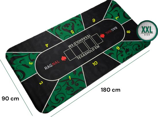 Tapis de poker - Table de poker - 180 x 90 cm - Tapis de poker antidérapant enroulable - Set de poker - Tapis de cartes - Tapis de poker - 2 à 10 personnes - Incl. Étui de transport et cartes de poker dorées - Vert/ Zwart